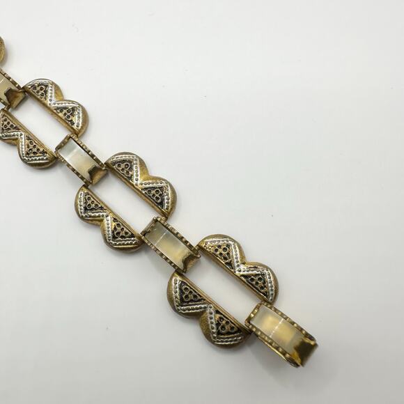 Vintage Bracelet 7" Spain Damascene Mother of Pearl Link Etched Copper Retro - Picture 2 of 11